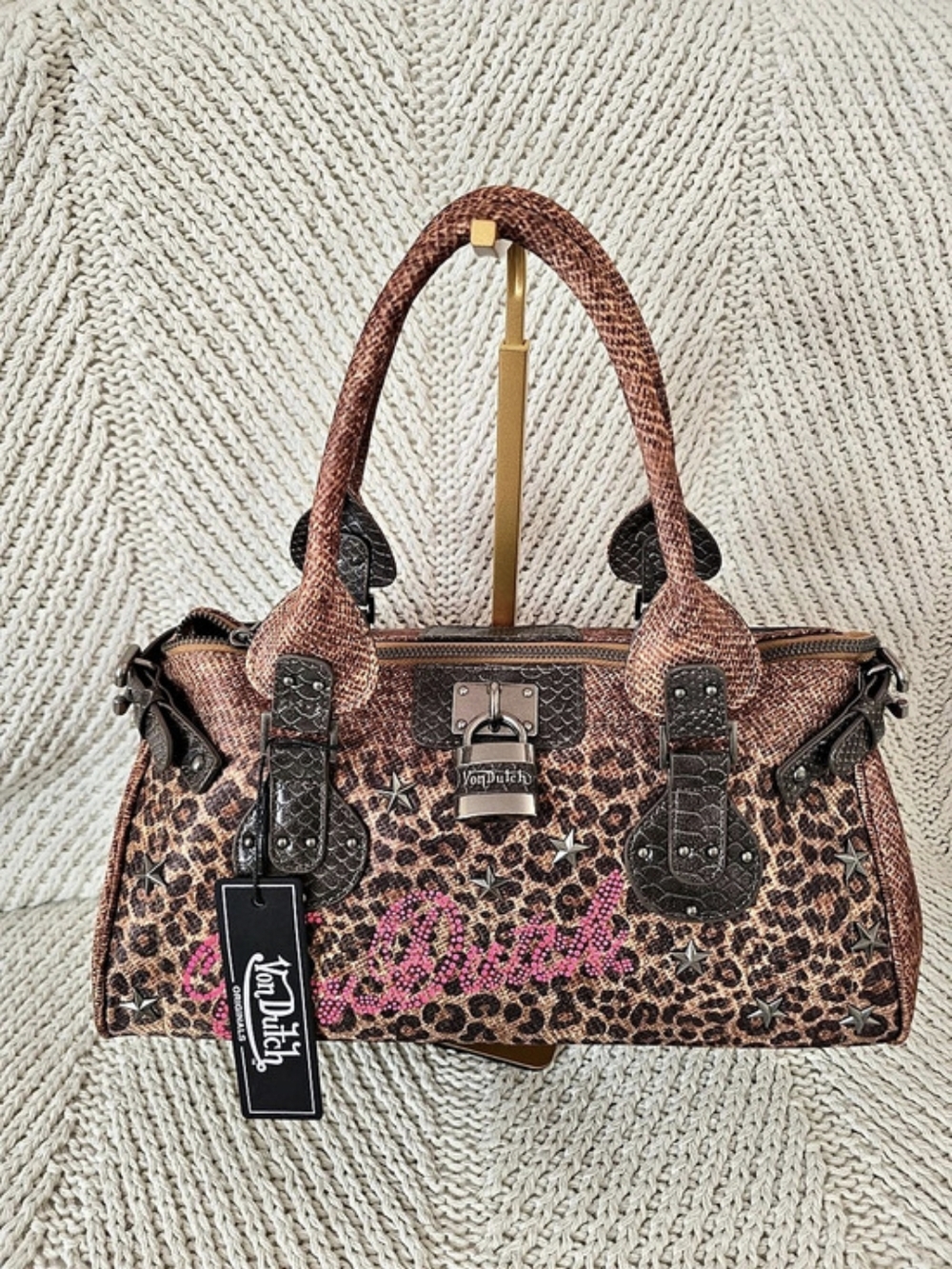 Von Dutch Leopard Print Bowling Bag Satchel Brown & Pink